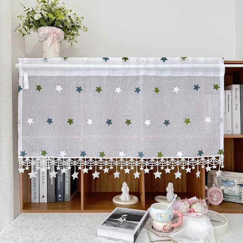 Korean Cartoon Cute Stars Embroidered with Stars Tassel Lace Sheer Cafe Curtain For Kitchen Cabinets Small Windows Home Decor