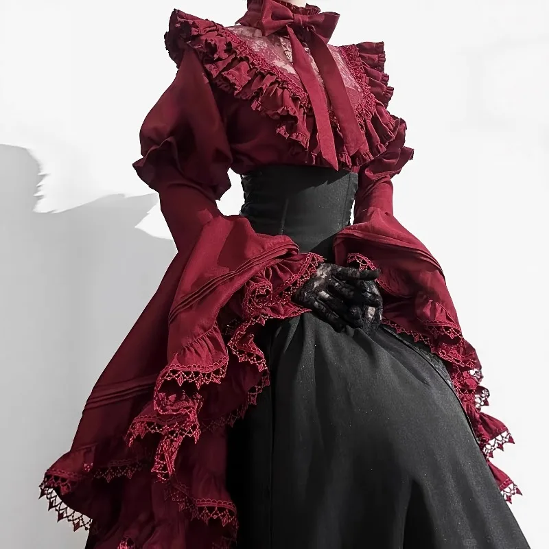 Women's Medieval Vintage Gothic Ruffled Bell Sleeve Blouse and High Waist Long Skirt Halloween Party Costume Set