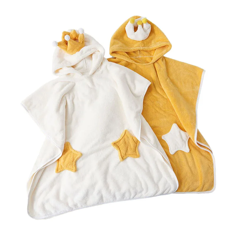 asciugamano-poncho-con-cappuccio-crown-star-per-bambini-in-pile-corallo-morbido-e-assorbente-per-doccia-e-nuoto