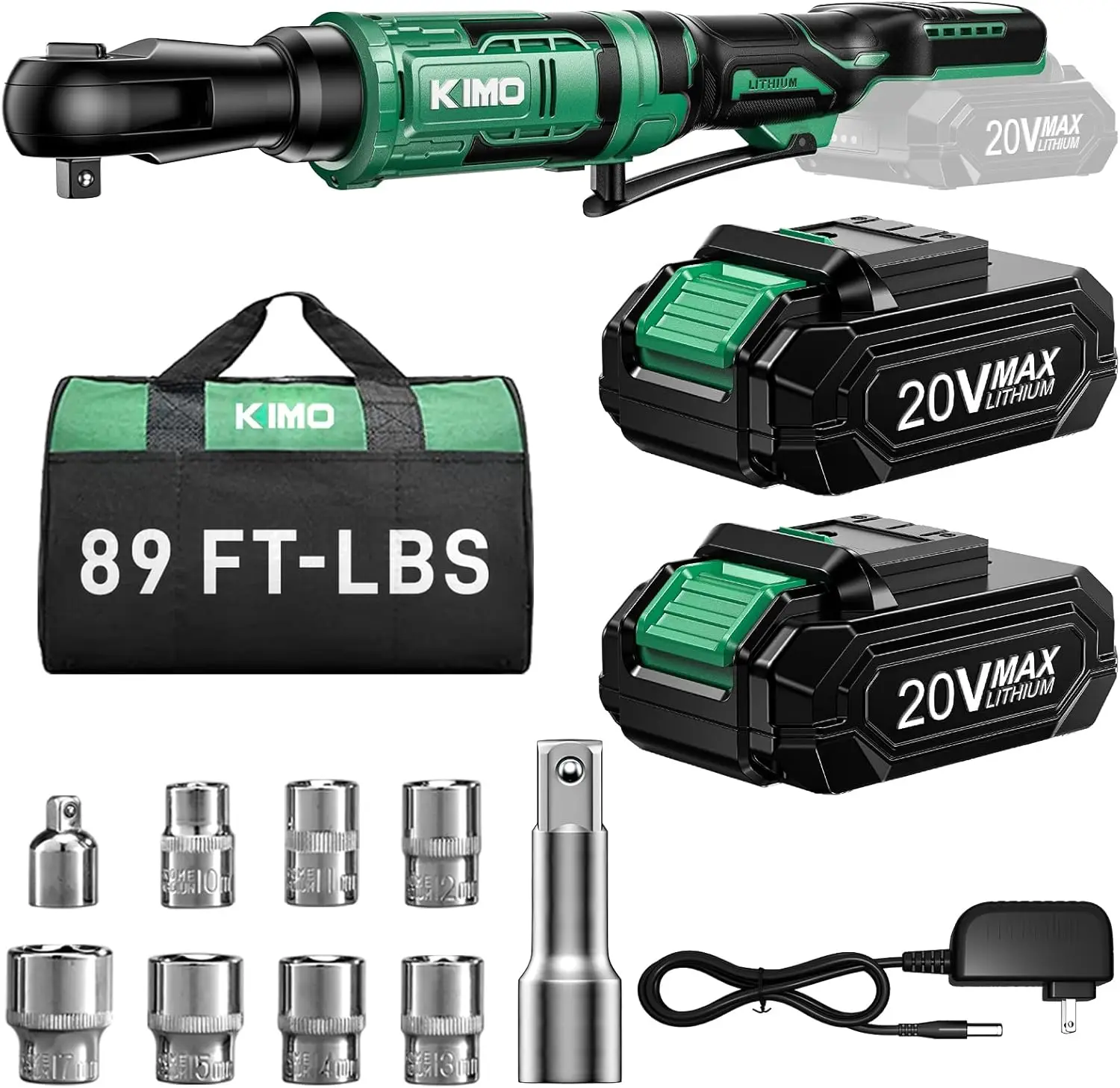 

20V Cordless Ratchet Wrench Set, 89Ft-lbs Torque, 400RPM Variable Speed, Includes Batteries and Accessories