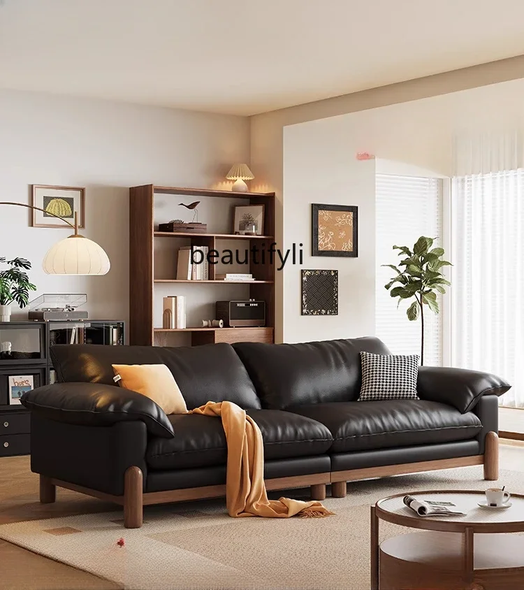 NQ French retro style sofa straight row living room small apartment black first layer leather sofa