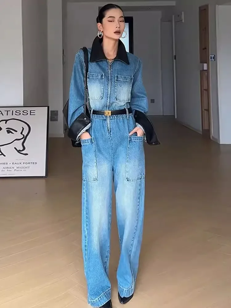 Jumpsuit Denim Pakaian Kerja Kerah Polo Retro Celana Kaki Lebar Pinggang Tinggi Diblokir Warna Musim Semi dan Musim Gugur Wanita