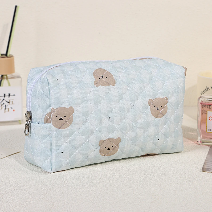 Cute Bear Flower Quilting Cotton Makeup Bag Women Zipper Cosmetic Organizer Female Cloth Handbag Portable Toiletry Case for Girl