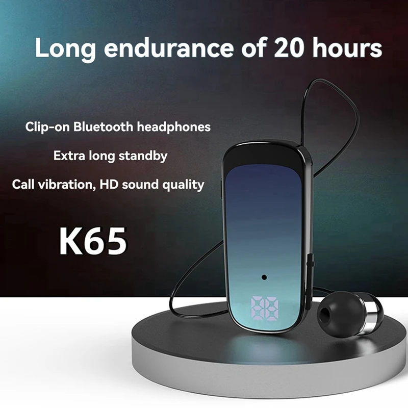 K65 Tie-Clip Retractable Wired Bluetooth Headset In-Ear Digital Display Long-Life Business Single-Ear Headset