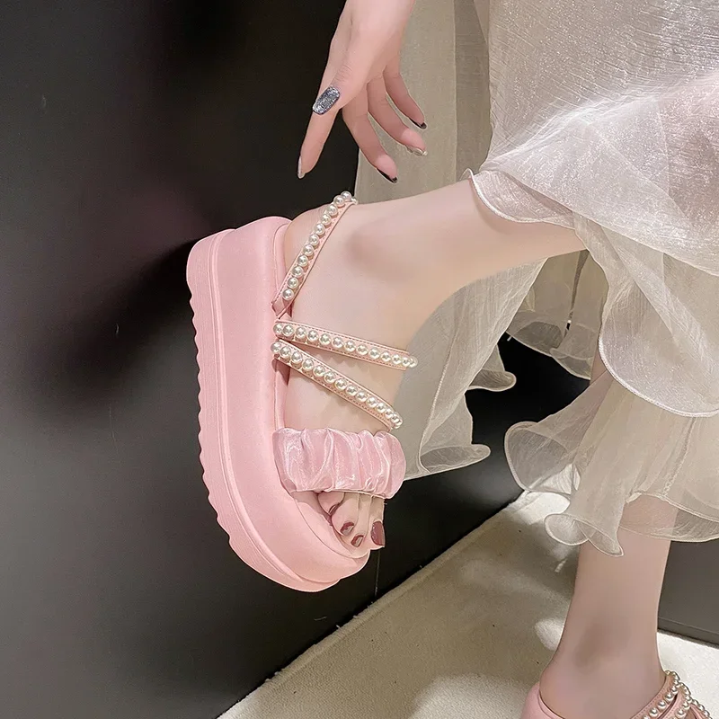 7CM Women\'s Pearl Strap Chunky Sandals Summer Pink Thick Bottom Wedge Slippers Woman Fashion Pink Lace Platform Sandals Mujer