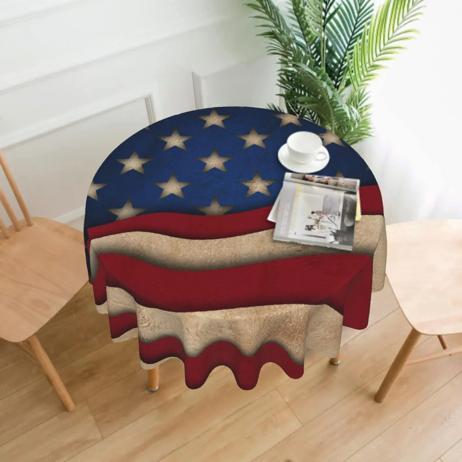 Retro American Flag Table Cloth Patriotic Round Tablecloth 60 Inch Memorial Day 4th of July Blue Star Decorative