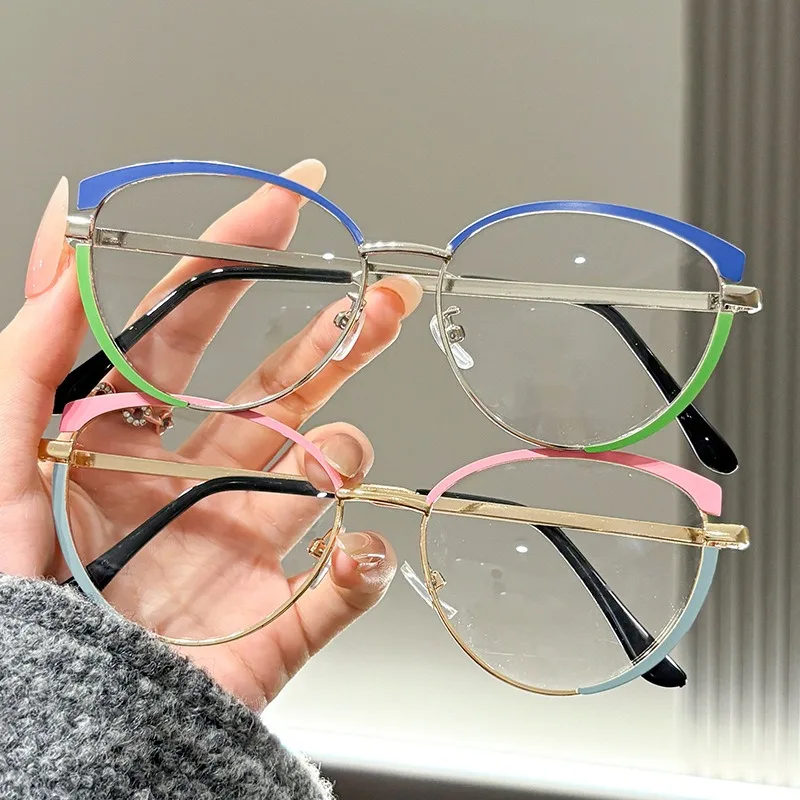 European and American glasses, metal cat eyes, color changing, anti blue light, fashionable and versatile trendy glasses