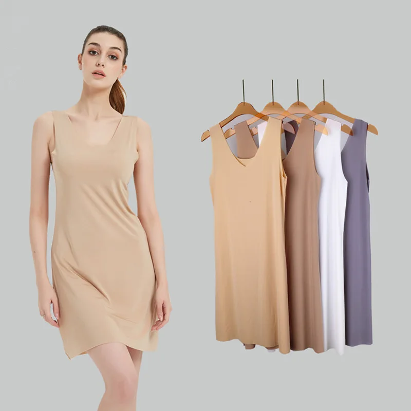 

Full Slip Women Under Dress Plus Size Seamless Sleeveless Petticoat Underskirt Dresses Female Pure Color Vest Inner Dress Slips