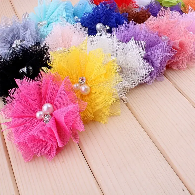 20pcs/lot 6.5cm 18colors DIY Soft Chic Mesh Hair Flowers With Rhinestones+Pearls Artificial Fabric Flowers For Kids Headbands