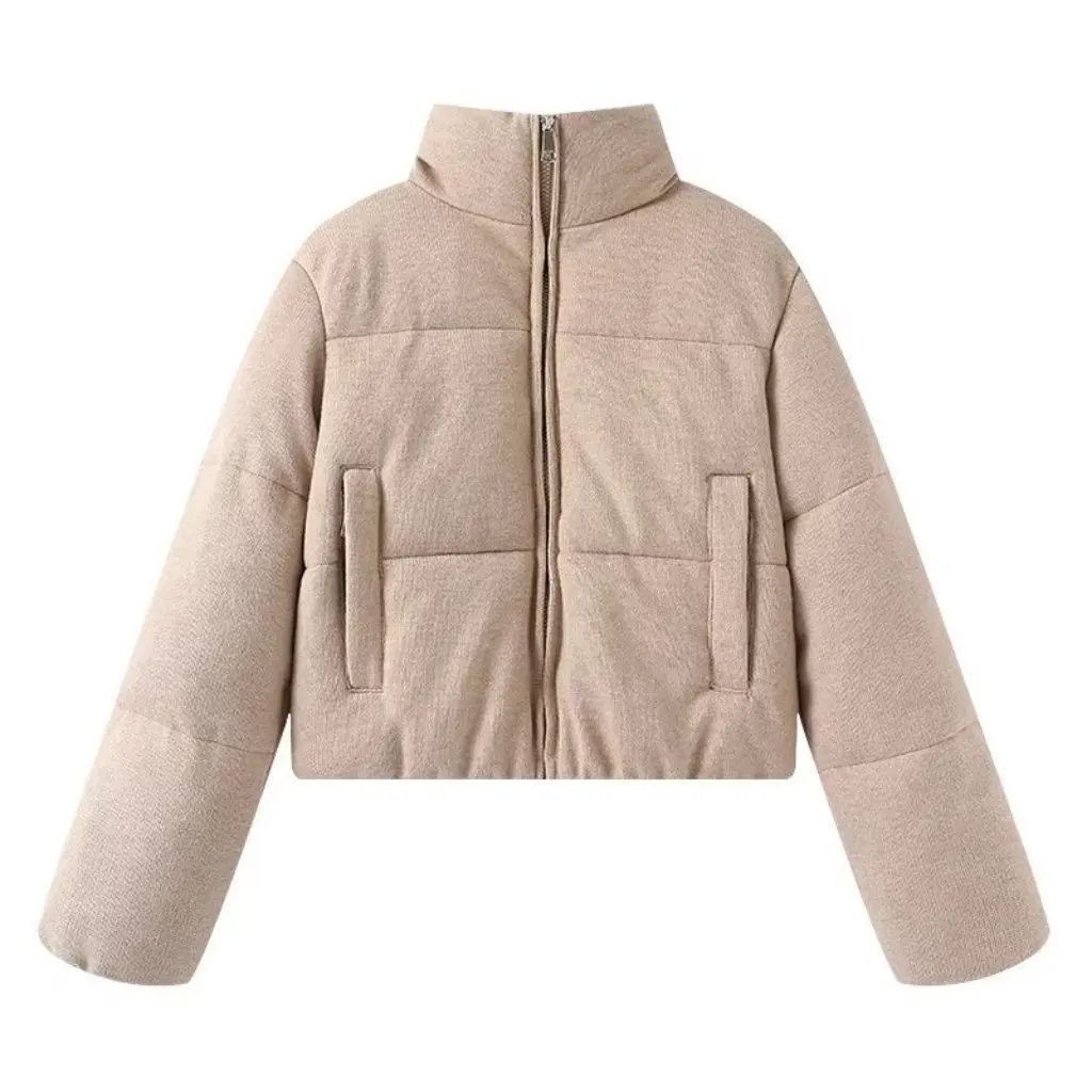 

European And American Fashion Knitted Cotton Jacket Stand-Up Collar Warm Long-Sleeved Winter Outerwear for Women