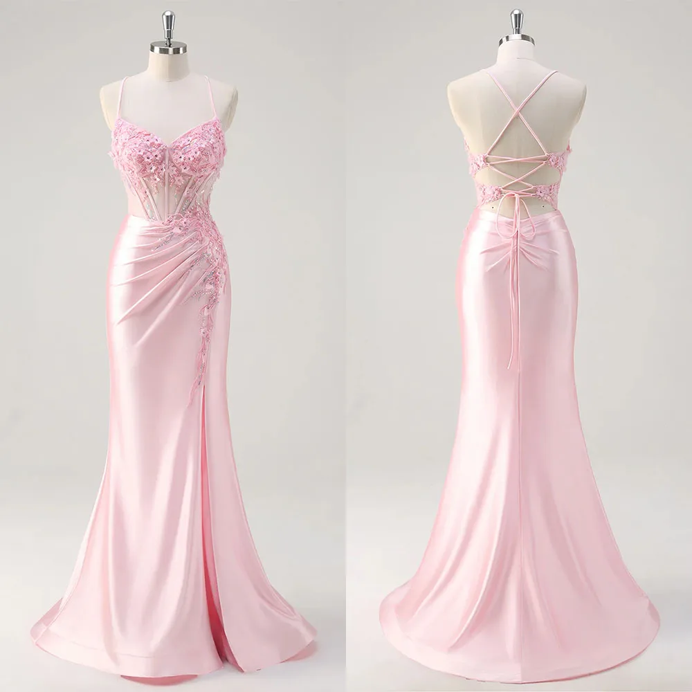

High Quality Customized Sweetheart Thin Suspenders Sleeveless Floor Length Pink Appliques Beaded Vestido En Liquidación فساتين