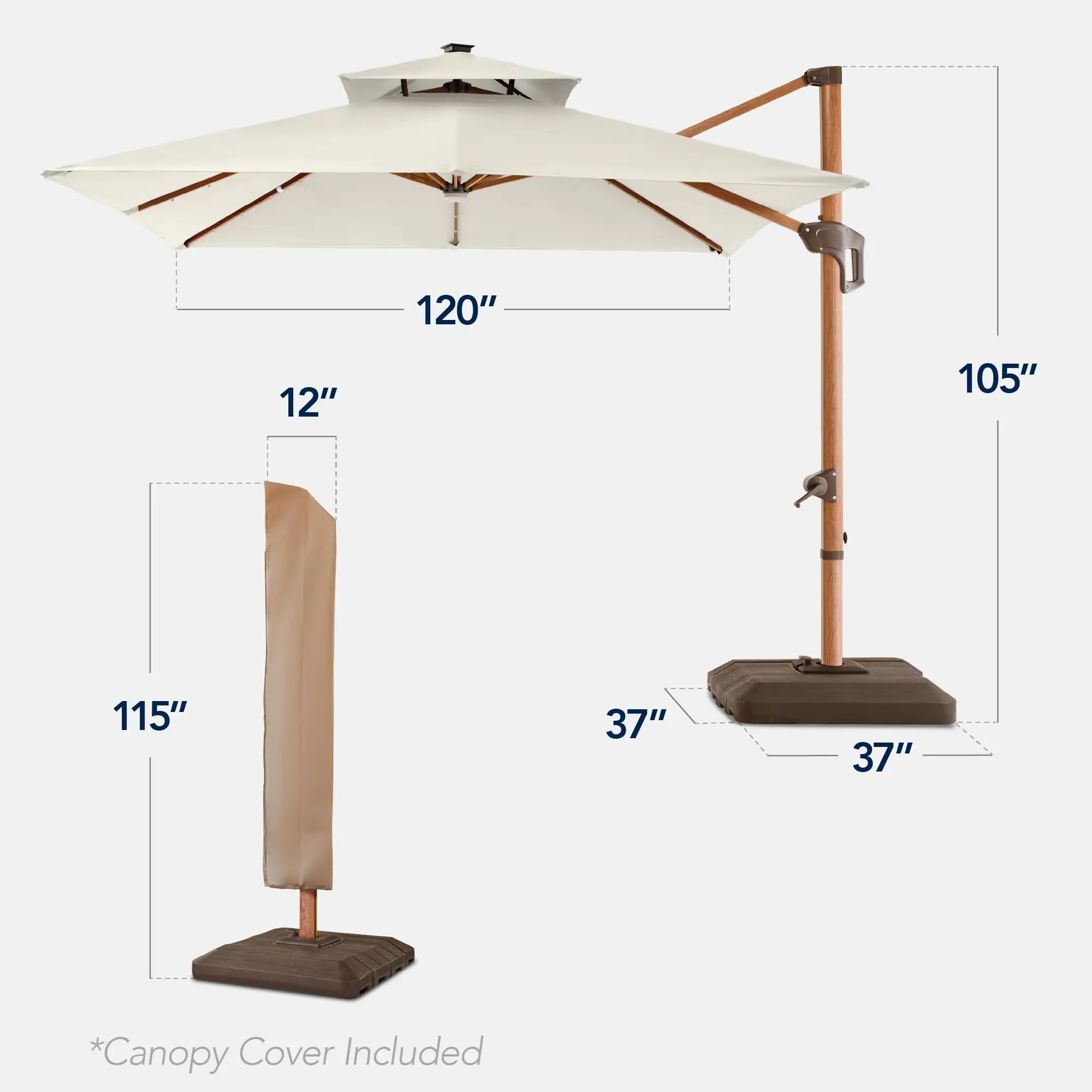 10ft Square Cantilever Patio Umbrella w/Base Included, Woodgrain Pattern Pole & Solar LED Lights, 360-Rotation, Offset