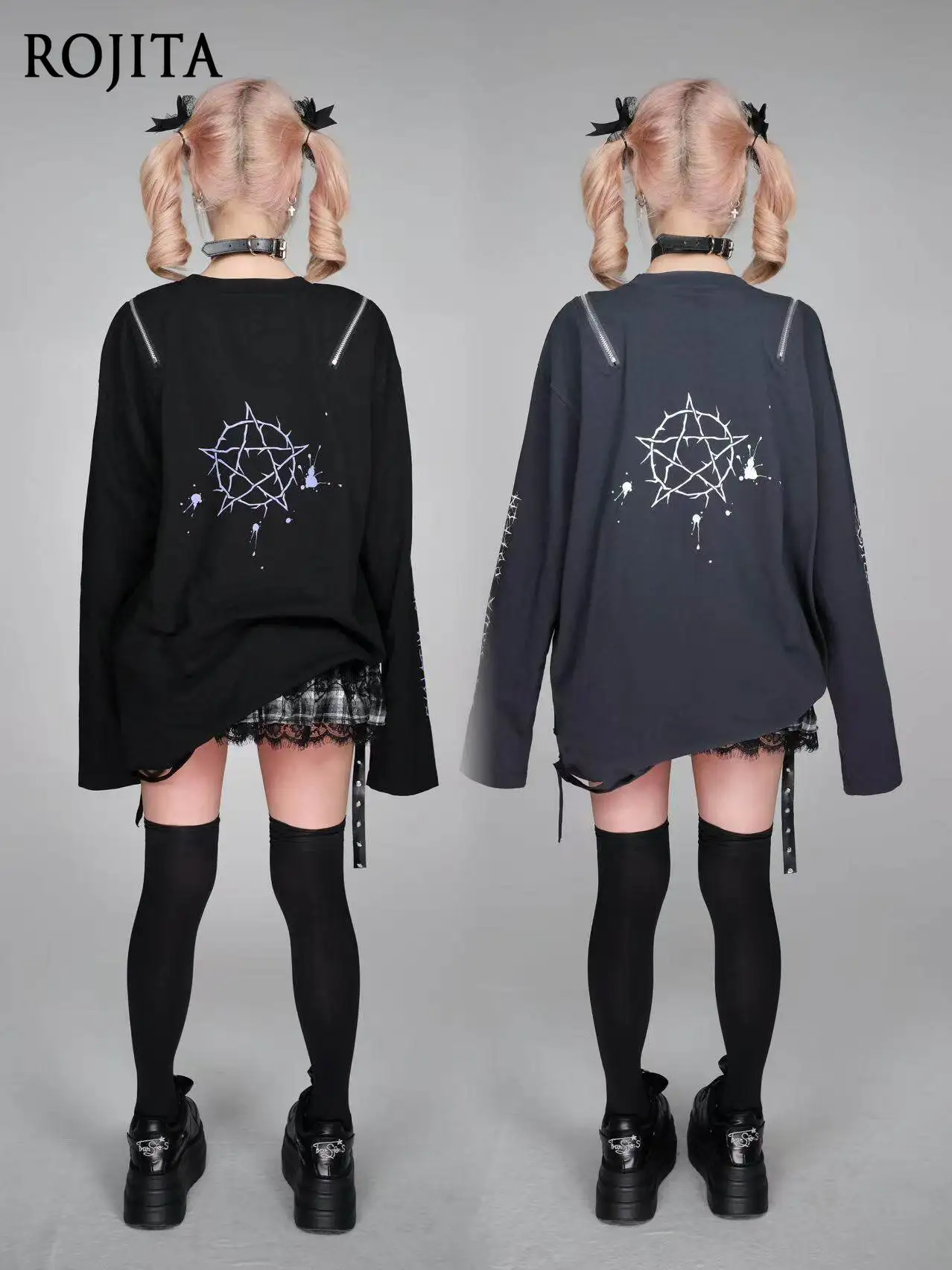 

Original Dark Subculture Cotton Ripped Print Loose Round Neck Long Sleeve Gray White Print Top Graphic T Shirts Women Clothing