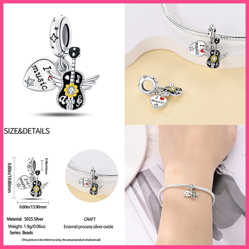 Fashion 925 Sterling Silver Guitar Violin Saxophone Music Series Charms Beads Fit Qikaola 925 Original Bracelet Fine DIY Jewelry