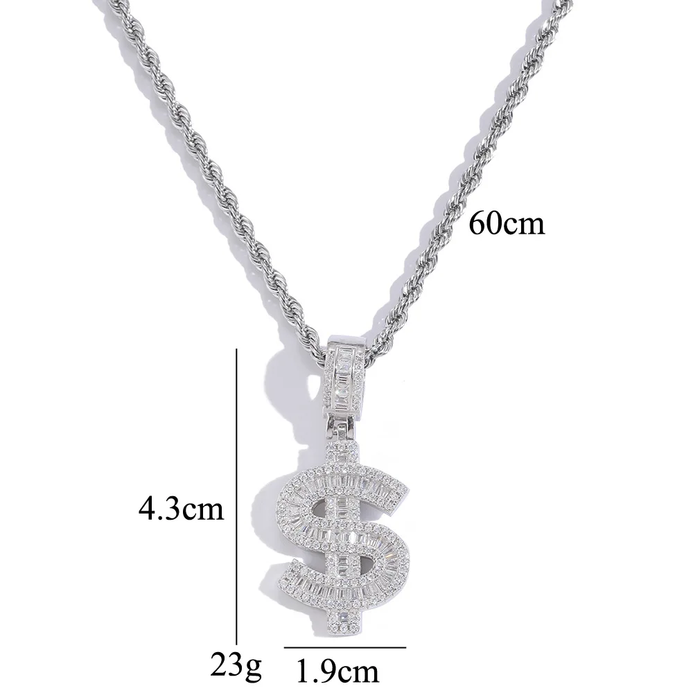 S925 Sterling Silver Hip Hop CZ Stone Paved Bling Ice Out Dollars Money Sign Pendants Necklaces for Men Rapper Jewelry