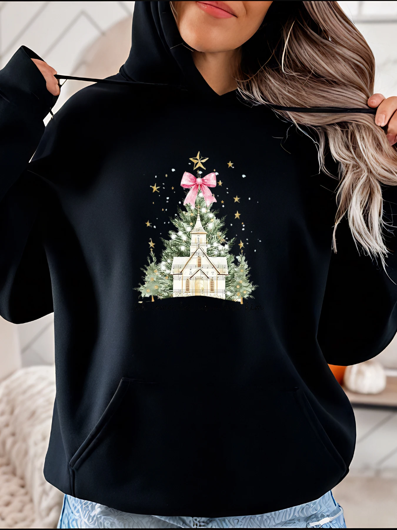

Christmas Tree Church Print Hoodie Women's Casual Winter Sweatshirt Cozy Holiday Outfit for Women
