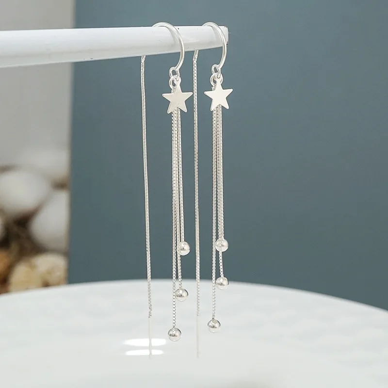 925 Sterling Silver Long Tassel Star Drop Earrings for Women Elegance Pentagram Round Bead Korean Earring Wedding Bride Jewelry