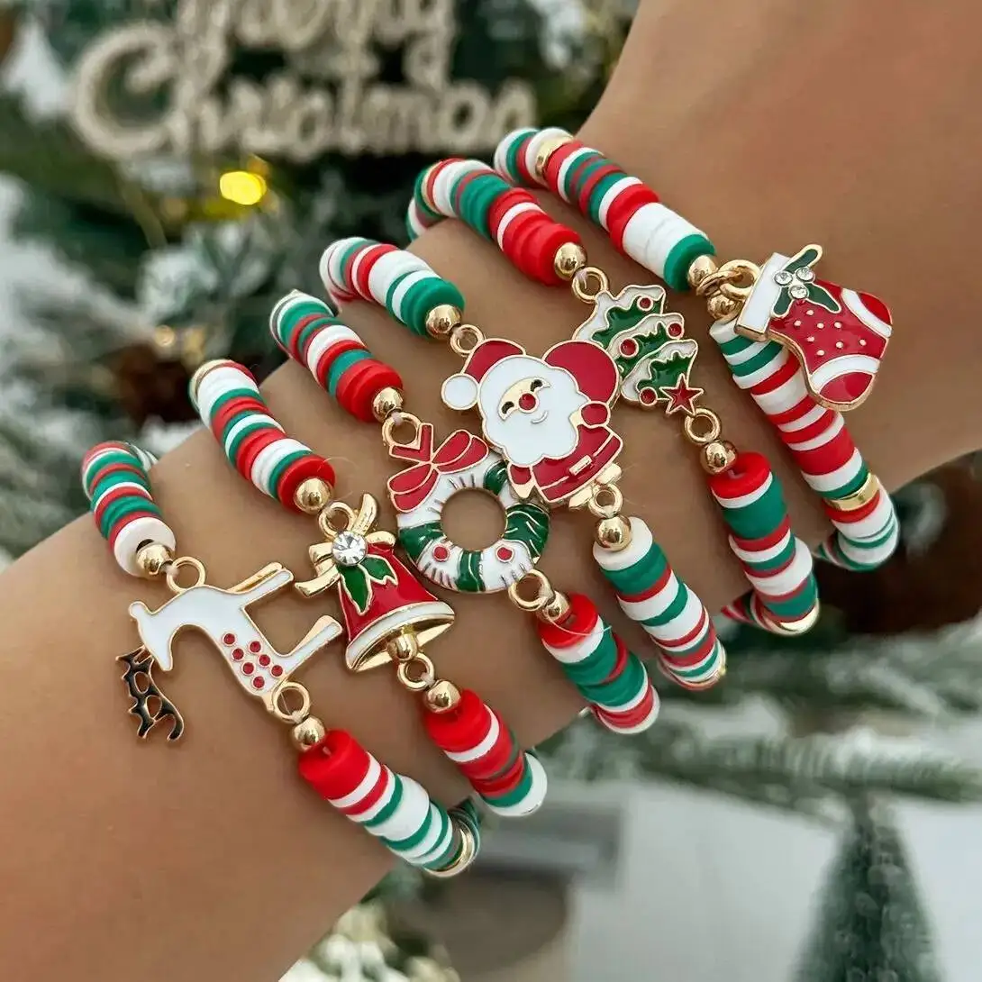 

SHIXIN 6Pcs/Set Santa Claus Christmas Tree Socks Elk Charm Bracelet Women Cute Polymer Clay Beaded Bracelets New Year Jewelry