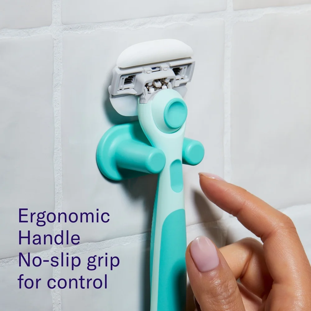 Women's Moisture Plus Razor Set with Ergonomic Handle 4 Stainless Steel Blades 2 Refill Cartridges Shower Holder No Gel Needed