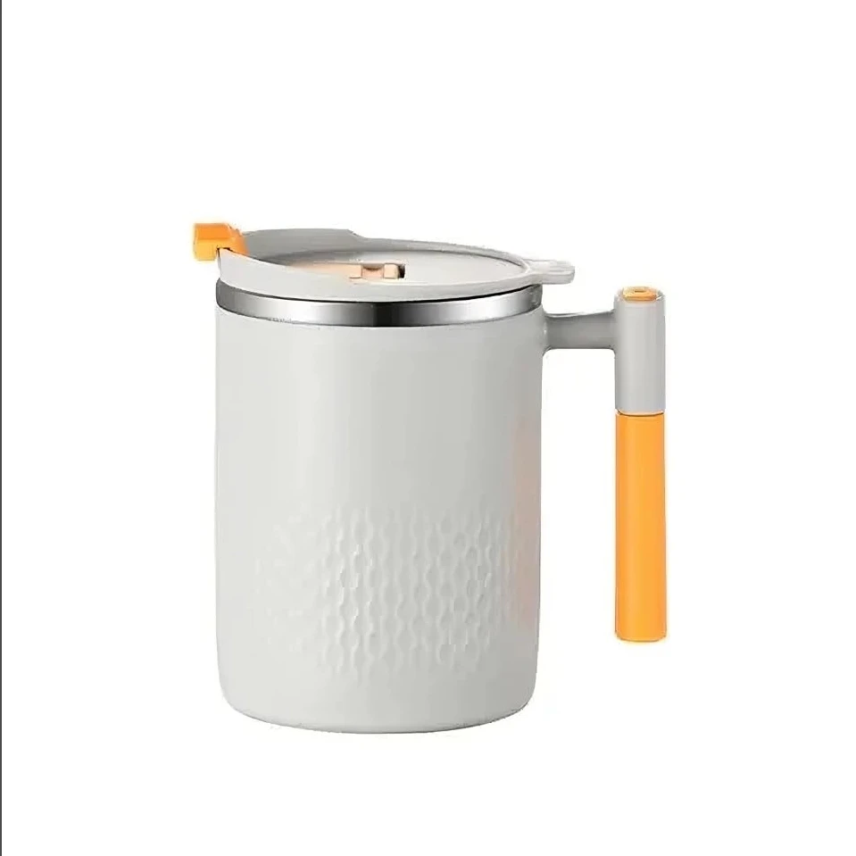 Taza de café de acero inoxidable de 16 oz con tapa y asa, doble pared con aislamiento al vacío, mantiene caliente y frío, elegante gris pastel