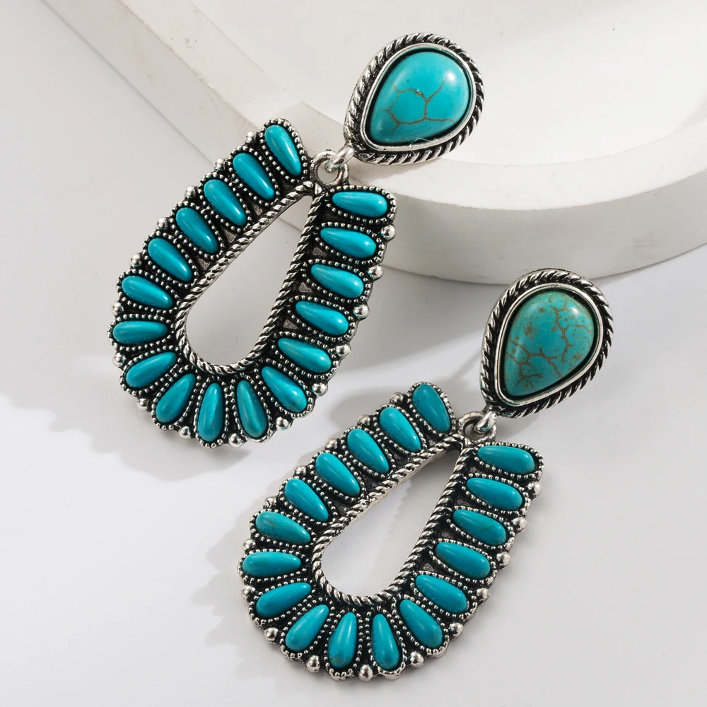 Cross Border Original Design Fashionable Bohemian Style New Hollow Oval Heart-Shaped Square Turquoise Earrings And Earrings