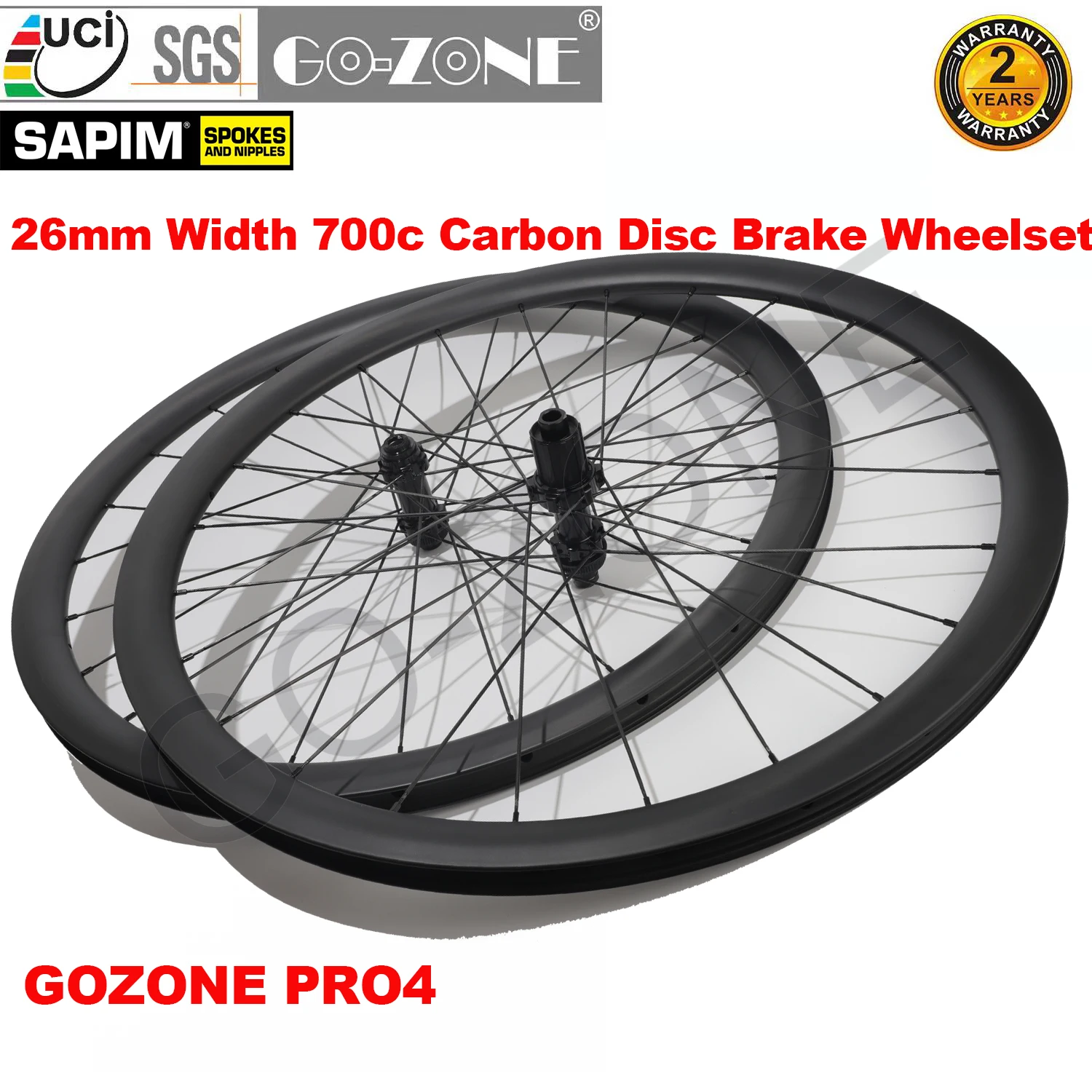 

700c Carbon Wheelset 26mm Customizable Clincher Tubeless Tubular GO-ZONE PRO4 Sapim 24/24H Disc Brake Carbon Road Wheels