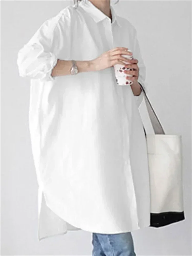 

Летняя женская блузка, весенняя рубашка, женская блузка макси, шифоновая, повседневная, элегантная, винтажная, с длинным рукавом, оверсайз, свободного кроя, белая