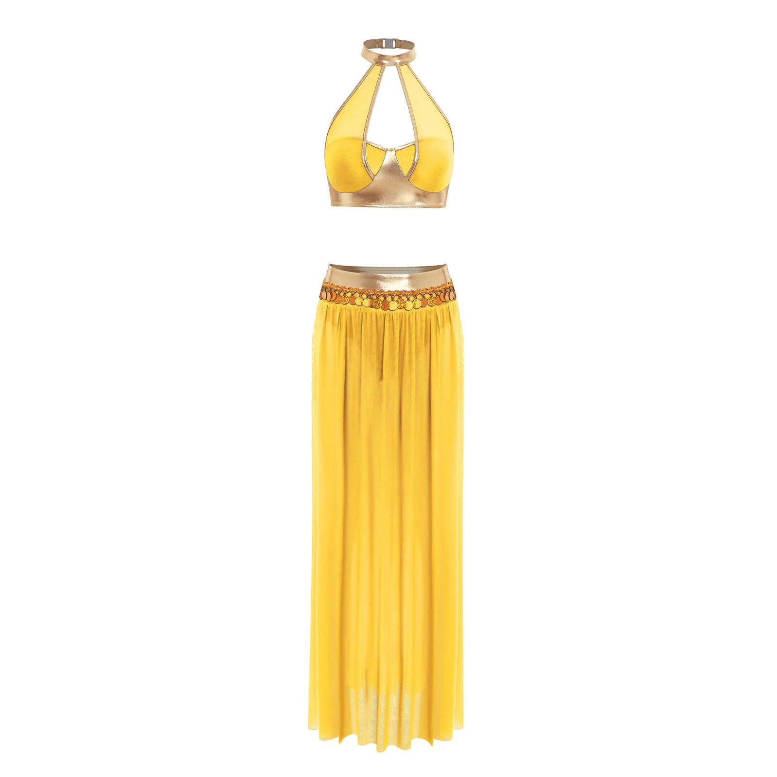 สตรี Oriental Indian Belly Dance ชุด Bellywood เครื่องแต่งกาย Halter Backless Crop Top และแยกตาข่ายกระโปรงเลื่อมพู่