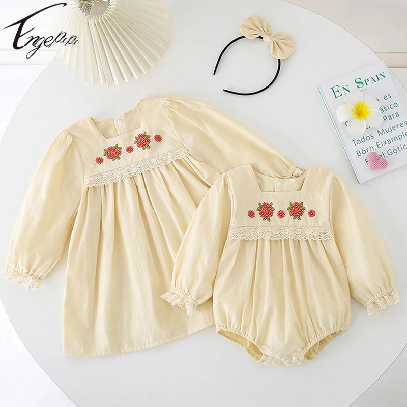 2024 New Girls Embroidered Flowers Dress Infant Baby Girls Sister Clothes Girls Long Sleeves Rompers Spring Autumn Costume