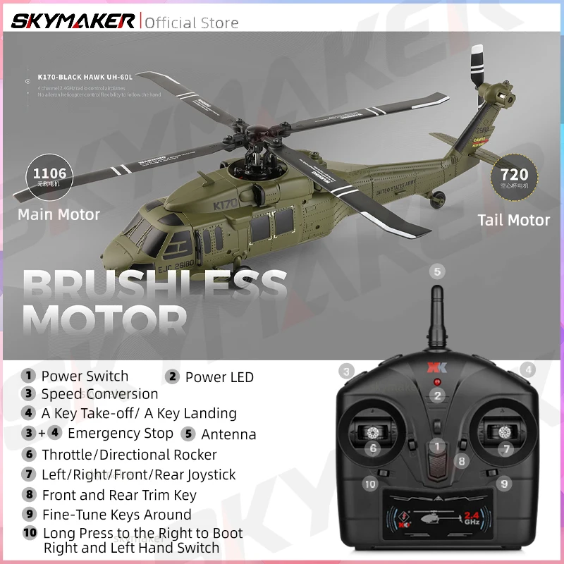 WLtoys Helicópteros RC Motor Brushless k170 UH-60L 2.4 Ghz 4CH 6-Aixs Giroscópio Hélicor de Lâmina Única Giroscópio Rc Brinquedos para Crianças