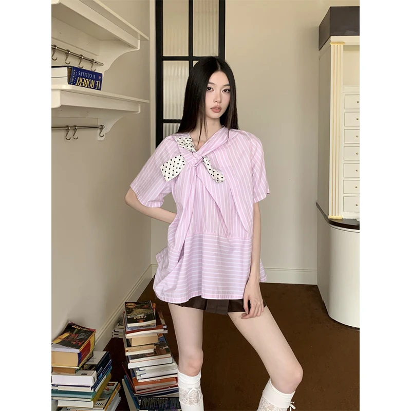 

MEXZT Harajuku Pink Striped Shirts Women Fashion Polka Dots Patchwork Blouses Summer Korean Short Sleeve Casual Design Tops New