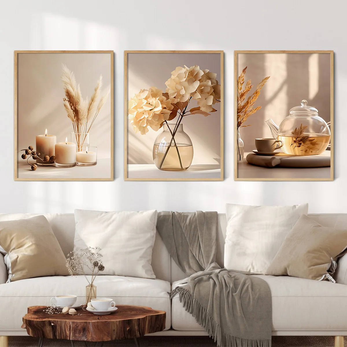 Set of 3 Minimalist Beige Floral Modern Wall Art Prints, Cream Hydrangea Plant Canvas Posters, Photo Floral Gallery Wall Set, Wall Decoration, Artwork for Living Room, Bedroom, Kitchen, Office, Bar, Cafe, Hallway, Home and Room Decor, Frameless