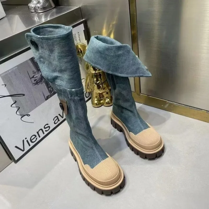 Women Flats Platform Fashion Denim Chelsea Boots Shoes Designer Knee High Motorcycle Boots Casual Goth Shoes Snow Botas Mujer