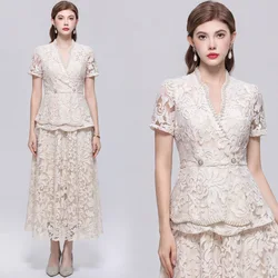 Summer Autumn Holiday Floral Maxi Formal Evening Dresses Women's Long Sleeve Lace Chiffon Dress Embroidery Vestidos Midi Robe