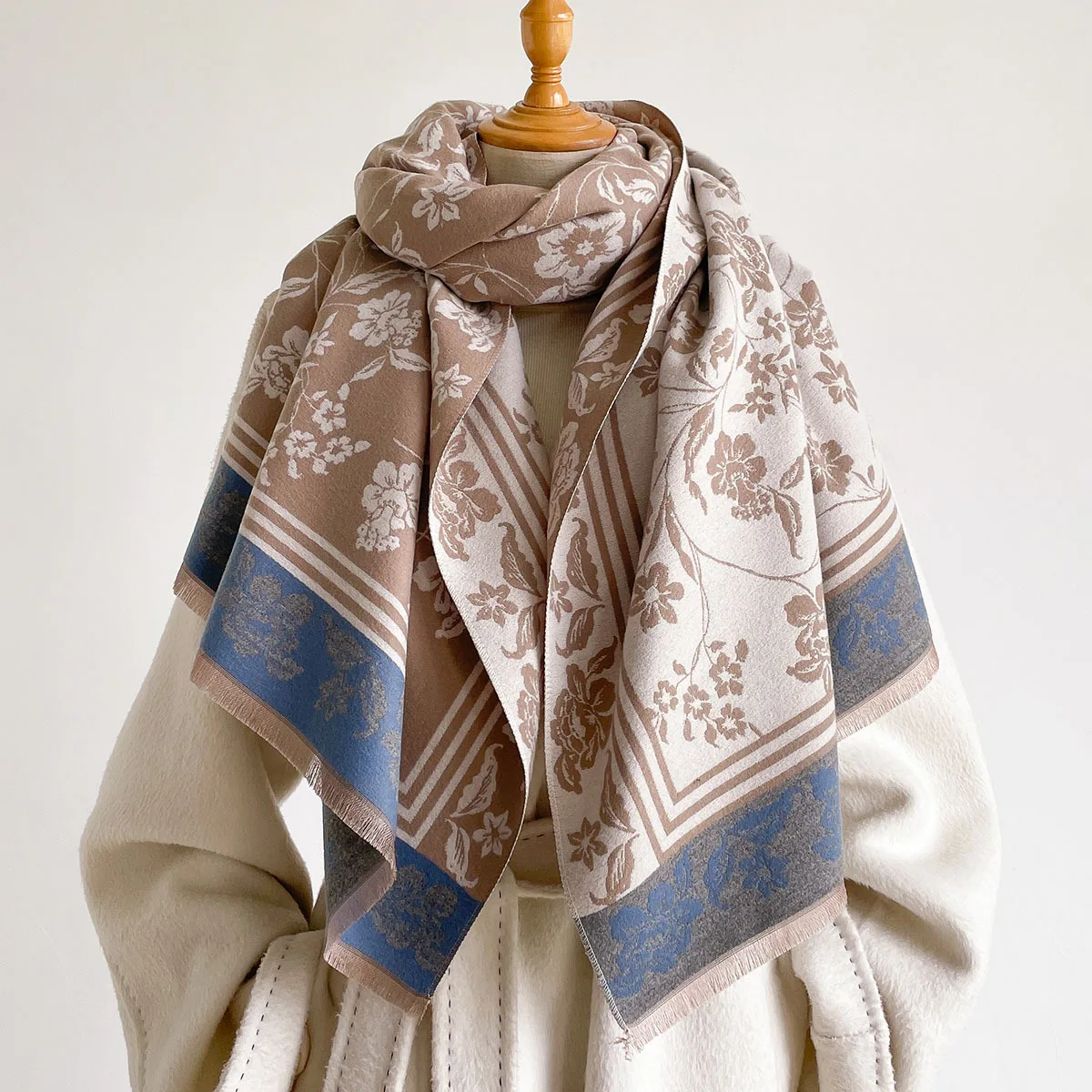 Ladies Soft Faux Cashmere Blanket Scarf Vintage Camel Tone All Over Cream Wild Flower Branch Motif Double Sided Warm Shawl