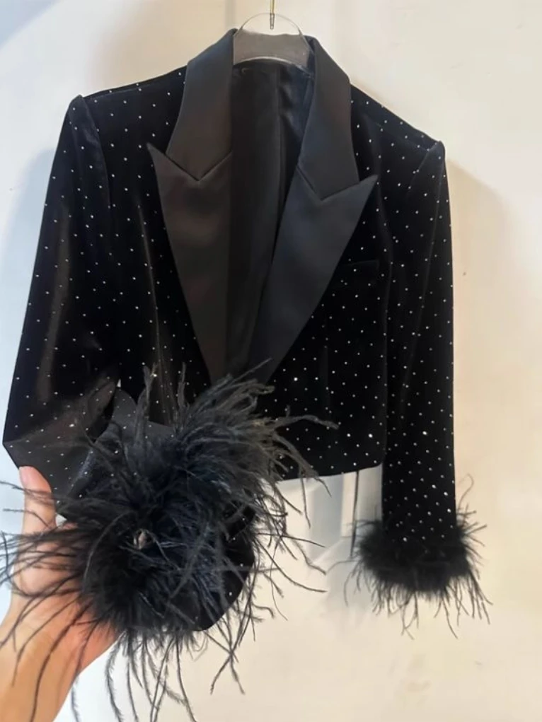 الصناعة الأوروبية حجر الراين أسود قصير المخملية القوطي kawaii سترة للنساء أنيق المتخصصة ريشة كم الخريف سترة جديدة