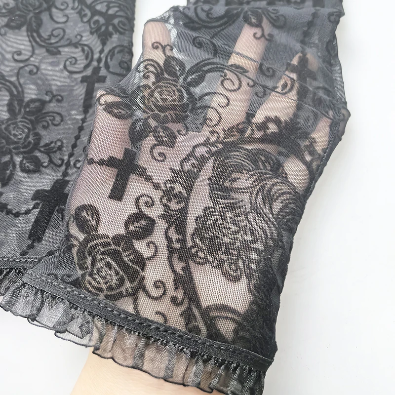 المرأة روز طباعة شبكة مثير لوليتا أسود شفاف طويل أصابع قفازات تأثيري أداء محرك واقية من الشمس غطاء للأكمام