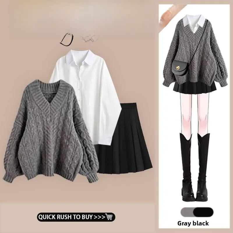 

Winter New Lazy Sle Loose Versatile Twisted Sweater irt High Waist Slimming Skirt Tee Piece Set Faionable Women'...