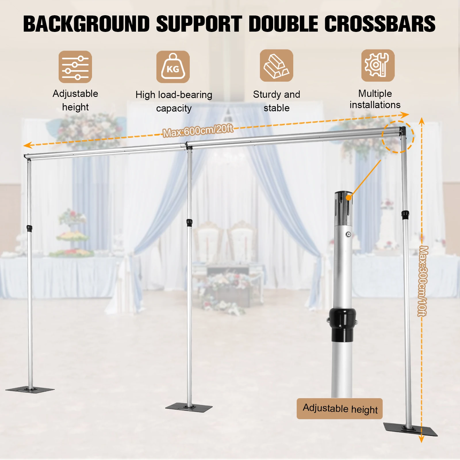 

Photography Background Support Poles 118x236inch Double Crossbar with Metal Base Height Adjustable for Parties Birthday Wedding