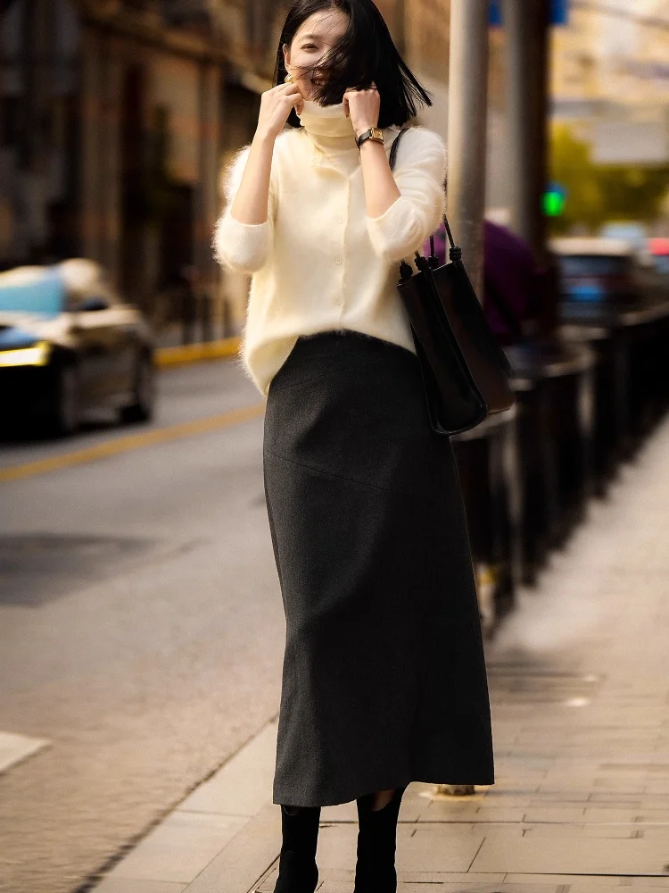 Birdtree ، تنورة محبوكة من الصوف المخلوط ، تنانير مستقيمة للسيدات بسحاب خلفي عالي الخصر ، تنورة ماكسي غير رسمية لخريف وشتاء 2025 T5N101JF #2