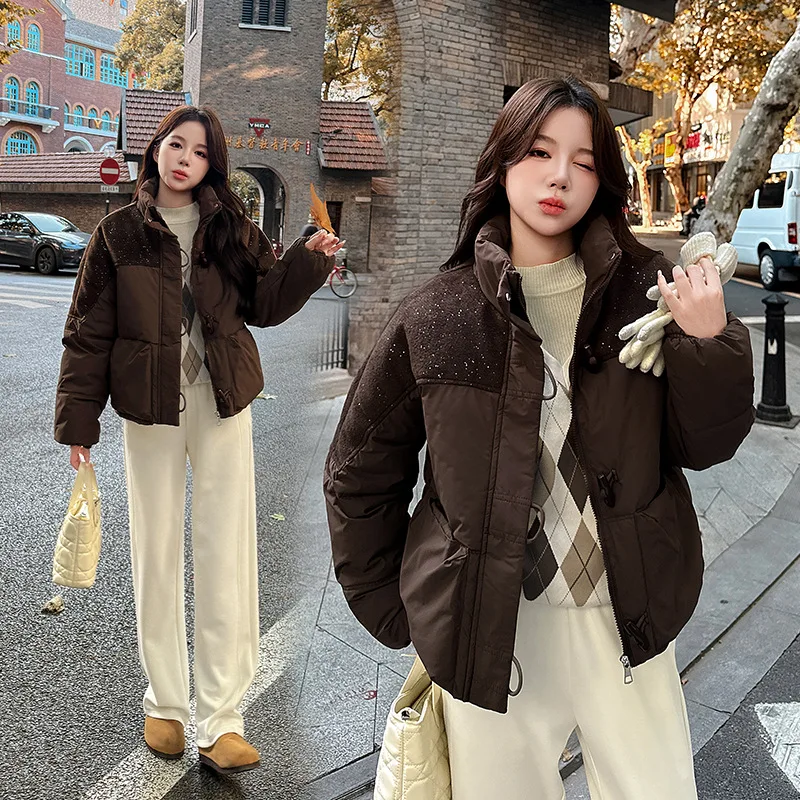 Retro Horn Buckle Stitching Cotton-padded Jacket Women Winter Coat Korean Casual Fashion Cotton Clothes Parkas Female Outwear