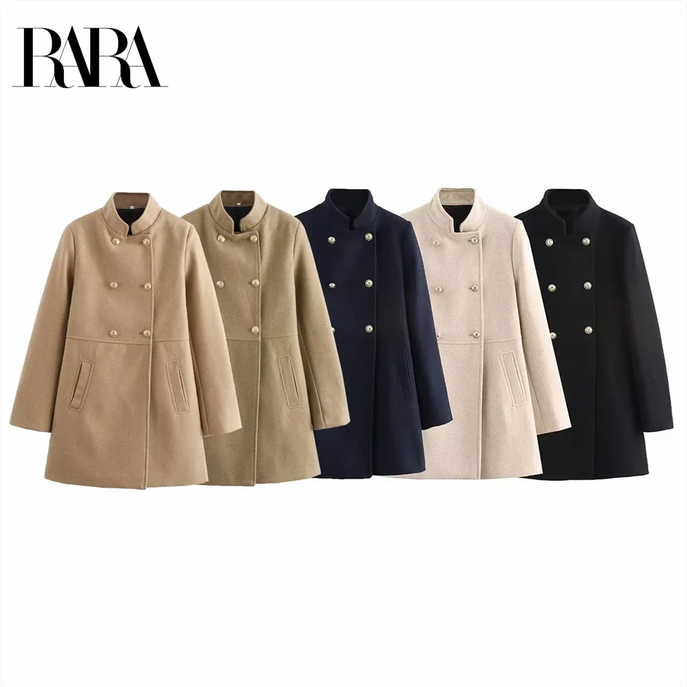 

Taop&Za women's 2024 winter gold button embellished wool blend double breasted standing collar coat jacket