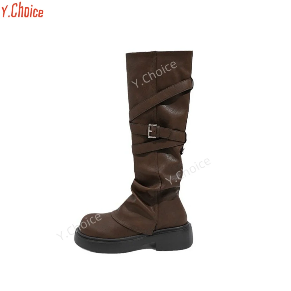 

Y.Choice Women Knee High Boots Thick Bottom Solid Round Toe Fold Knight Long Boots Retro European And American Knee High Boots