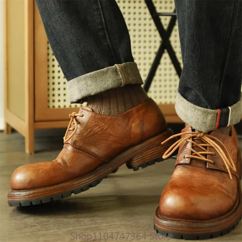 Luxury Designer Thick Sole Casual Derby Leather Shoes Men's British Round Toe Genuine Leather Fashion Office Work Male Shoes