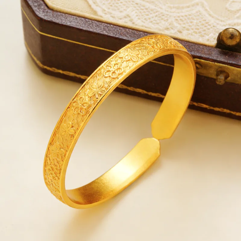 Luxury 24K 9999 Pure Gold real gold Embossed Peach Blossom Open Bracelet Women's Flower Bracelet