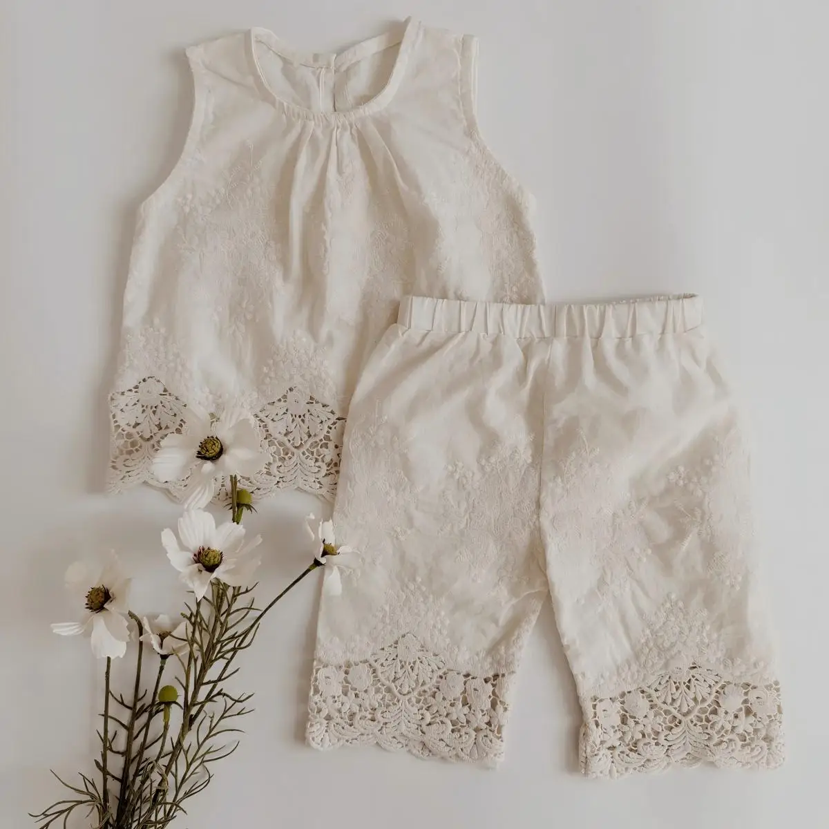 Blossom Boho Lace Set Top and Cropped Trousers Embroidery Cotton White Summer Set