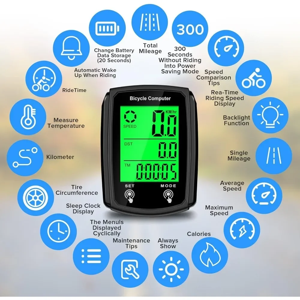 Bike Computer and Bicycle Odometer Wired MPH KM/H Bike Speedometer with Automatic Wake-Up Cycling Speed Tracker LCD Display & Si