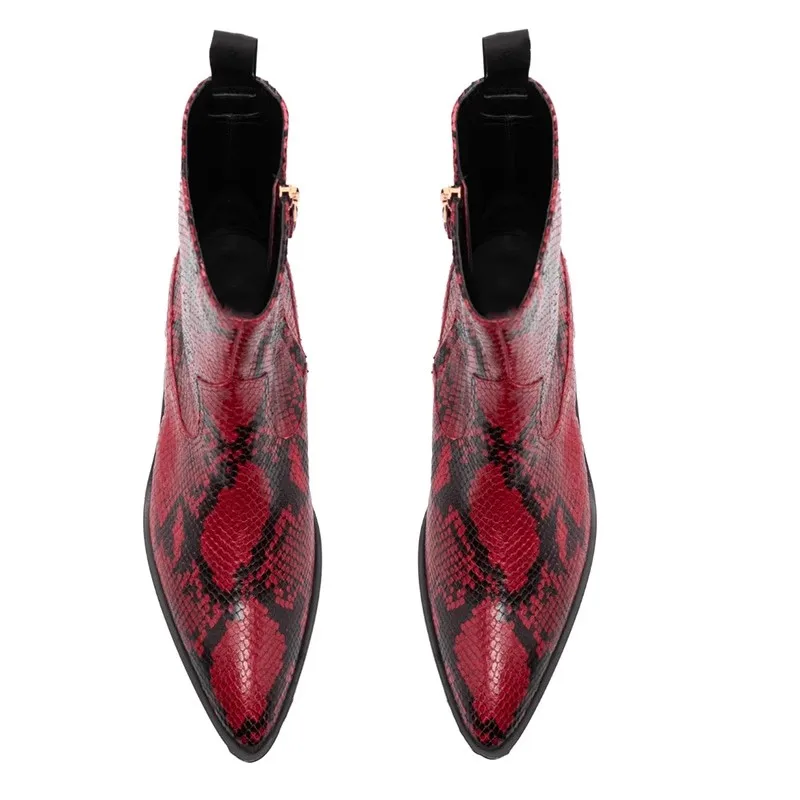 British Red Yellow Snake Cow Leather Man Chelsea Boots Pointed Toe Men Square Heel Slip On Python Ankle Boots Zapatos Hombres