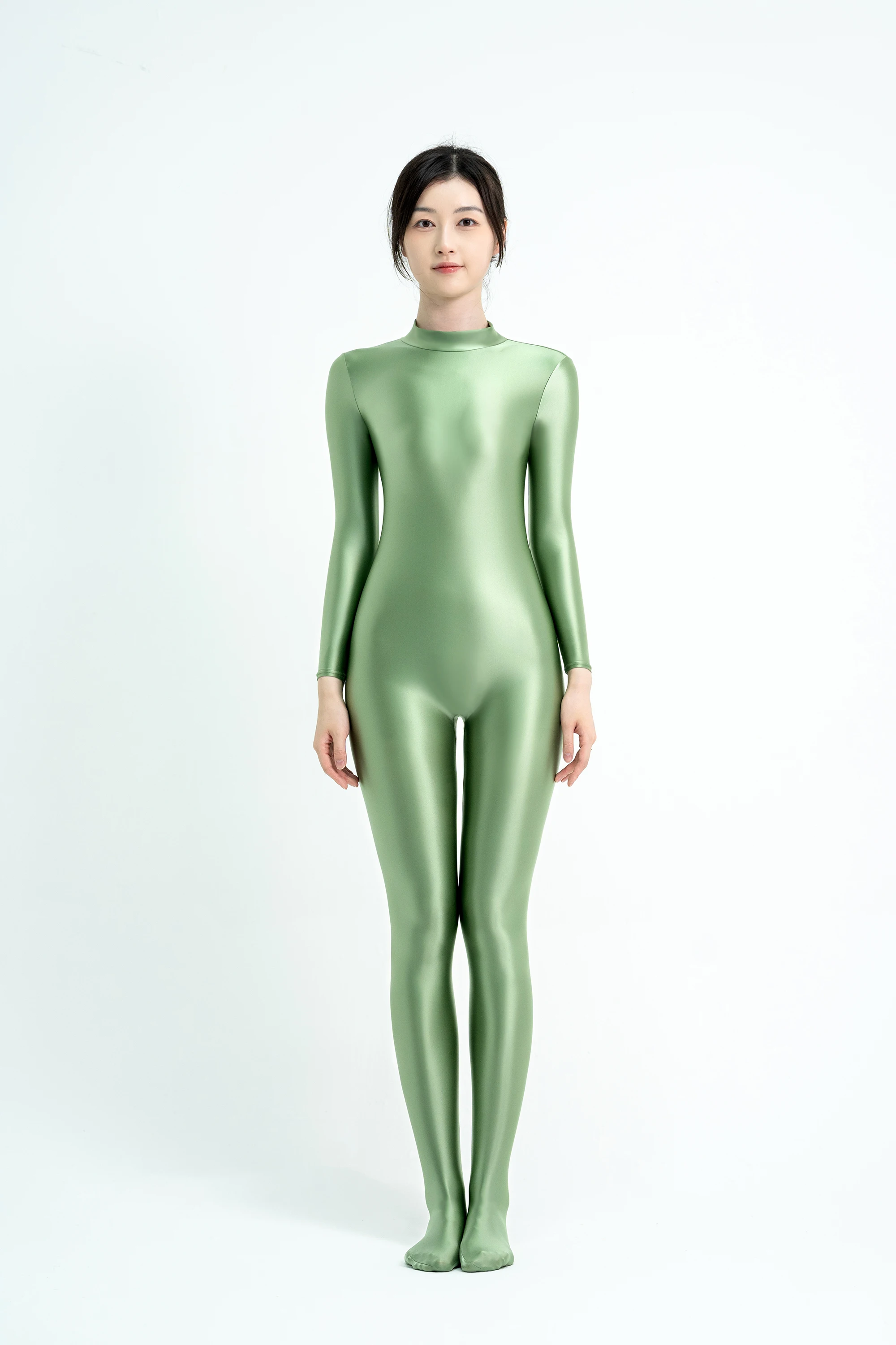 XCKNY Satin Glossy bodysuit High Neck Long Sleeve jumpsuit Unisex full body zipper Leotard OIL BODYSUIT