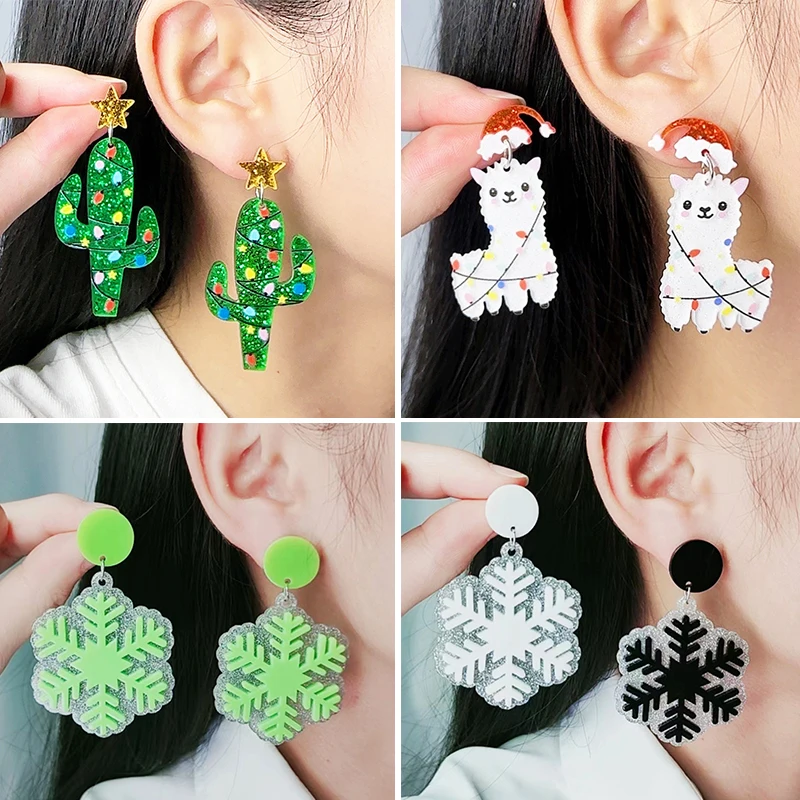 Christmas Light Cactus Earrings Christmas Hat Alpaca Snowman Snowflake Patchwork Acrylic Fashion Earrings Christmas Jewelry Gift